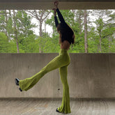 Beyouare Bright Silk Flare Pants Women Solid High Elastic Waist Loose Elasticity Trousers 2021 Summer Casual Fashion Streetwear